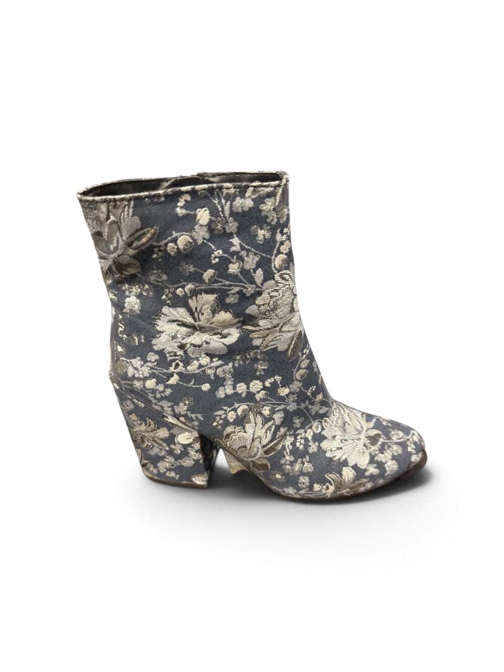Floral Brocade Ankle Boots Chunky Block Heel Zip Booties